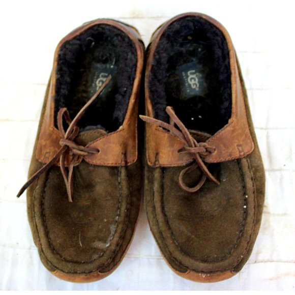 Ugg House Slippers Boat Style Sherpa Fur Lined Mens Rubber Soles sz 8 Brown - Picture 8 of 11